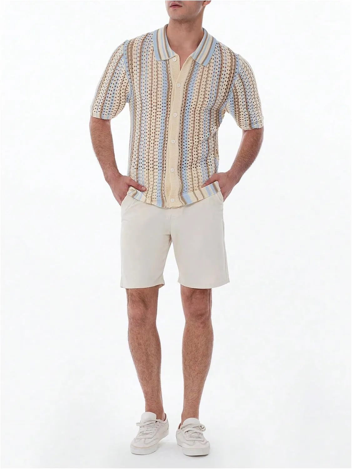 Verdusa Men's Casual Button Down Knit Shirts Hollow Out Short Sleeve Knit Tops