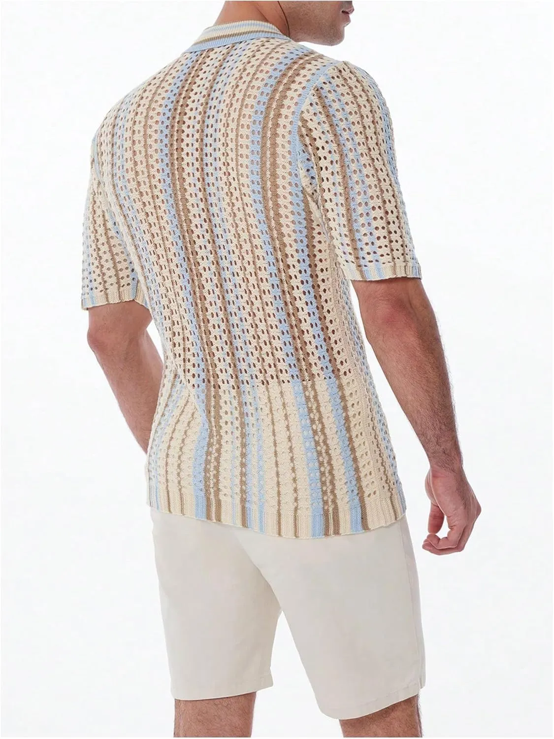 Verdusa Men's Casual Button Down Knit Shirts Hollow Out Short Sleeve Knit Tops