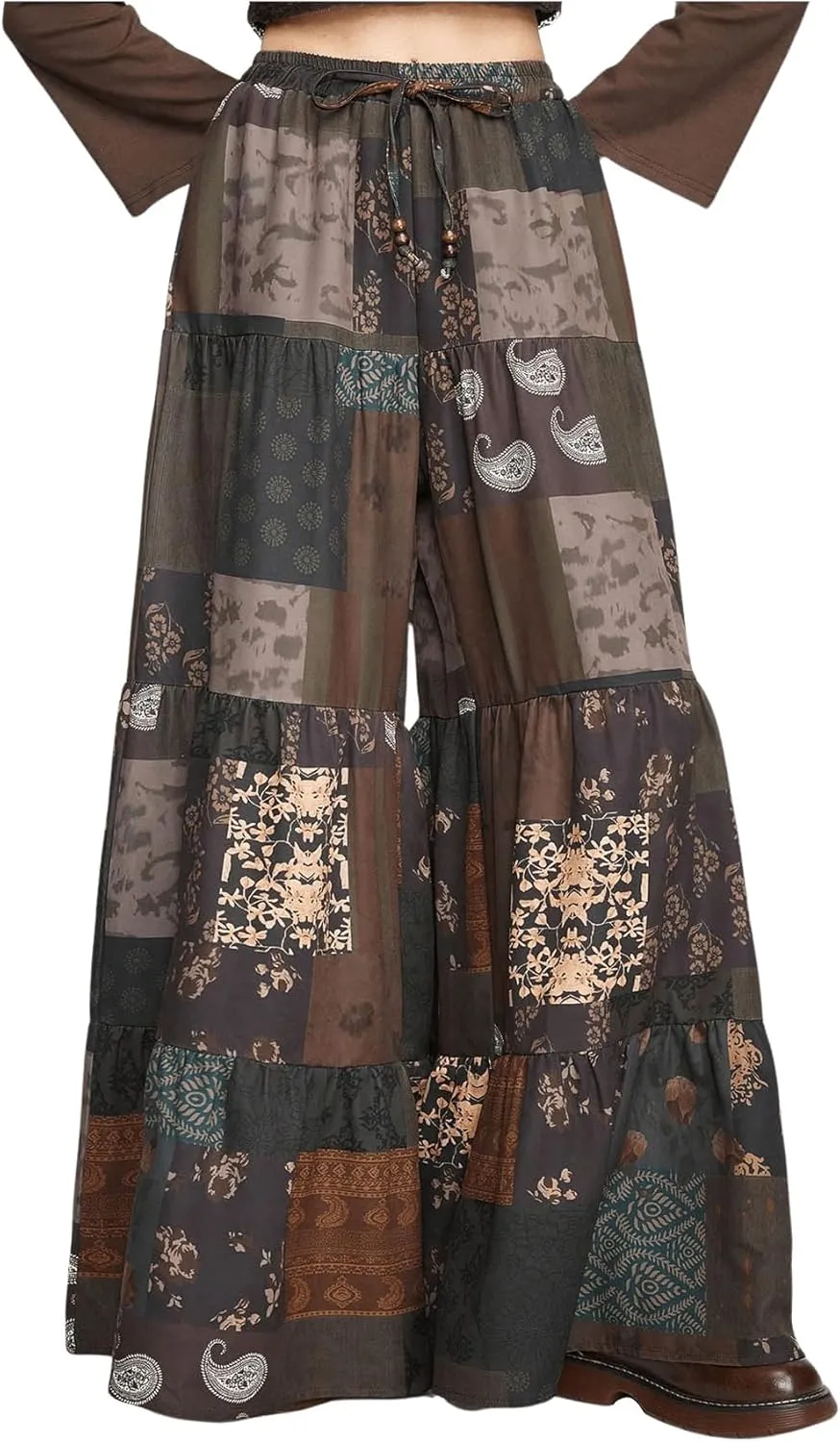 Verdusa Women's Hippie Ruffle Flowy Wide Leg Pants Elastic Waist Vintage Loose Palazzo Pants