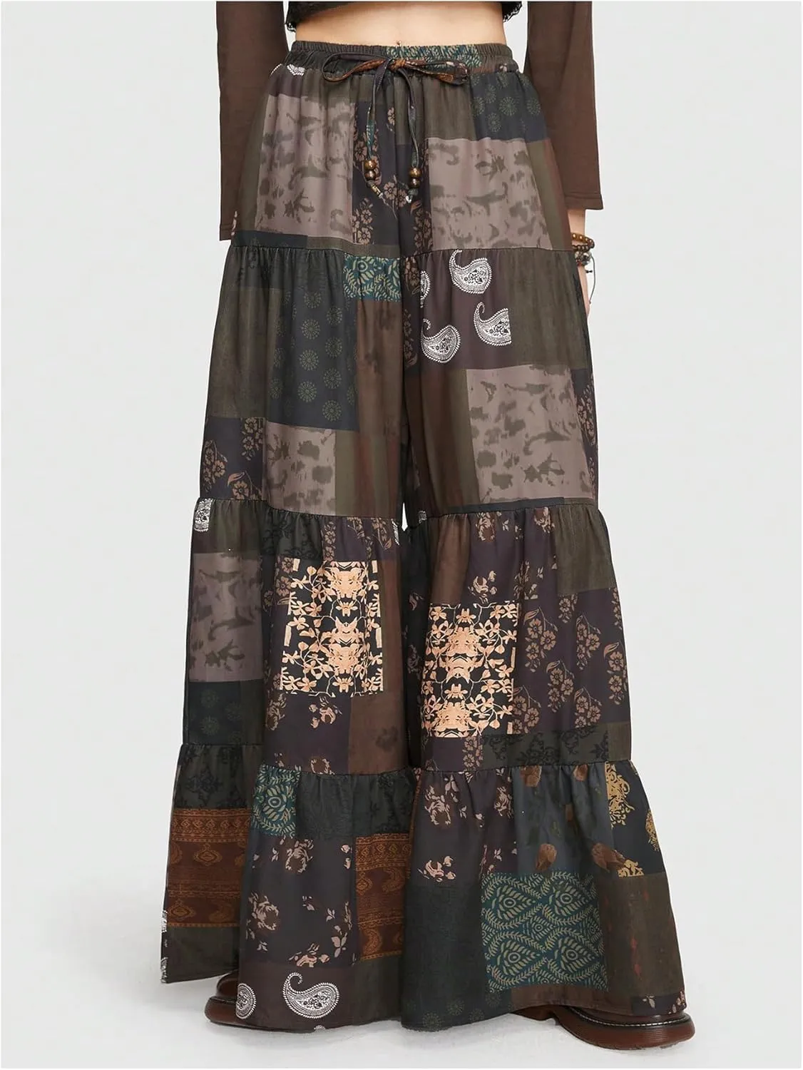 Verdusa Women's Hippie Ruffle Flowy Wide Leg Pants Elastic Waist Vintage Loose Palazzo Pants