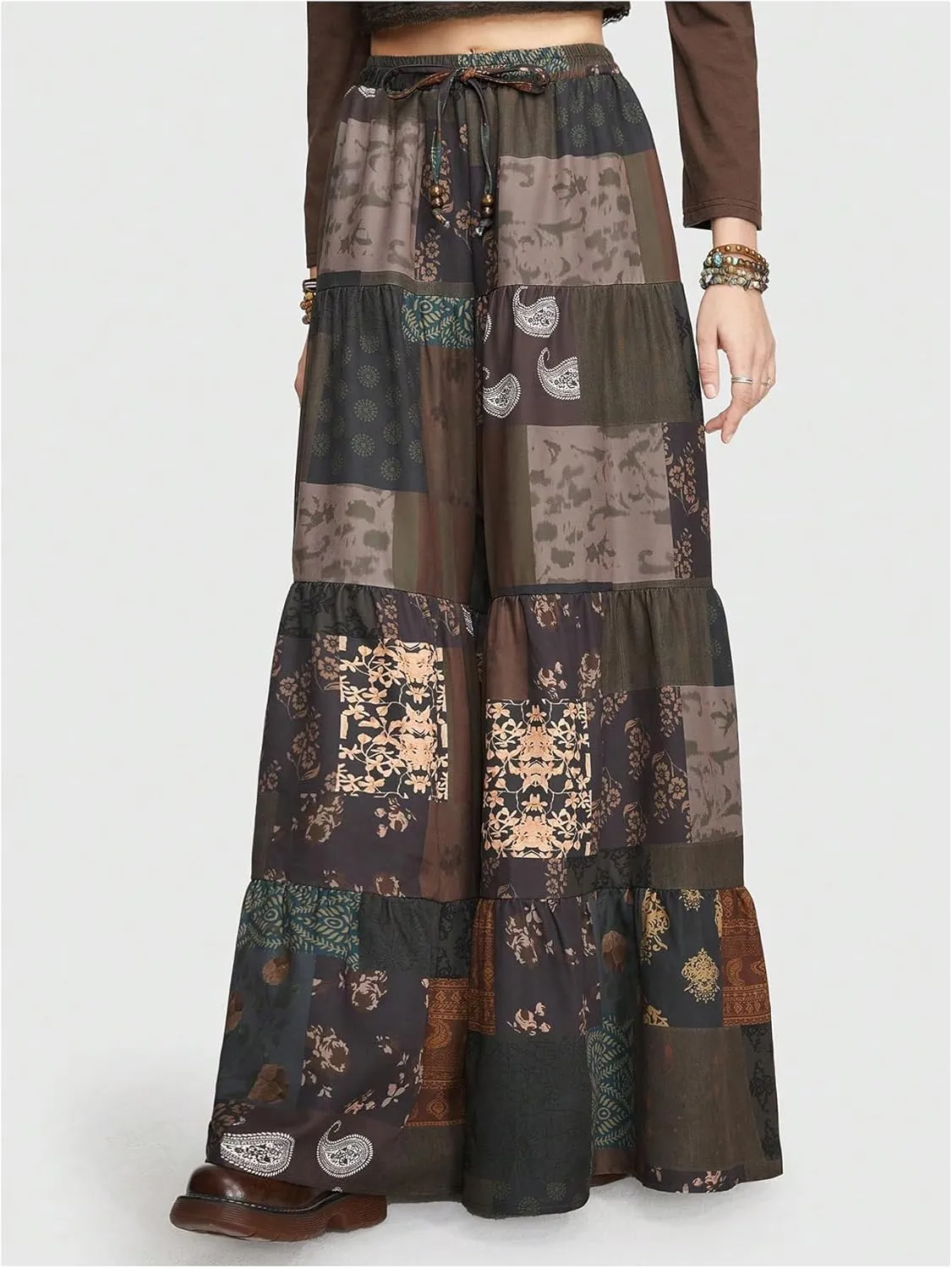 Verdusa Women's Hippie Ruffle Flowy Wide Leg Pants Elastic Waist Vintage Loose Palazzo Pants