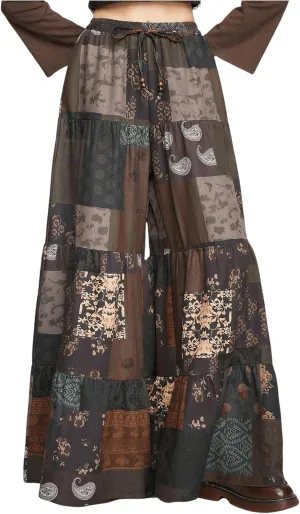 Verdusa Women's Hippie Ruffle Flowy Wide Leg Pants Elastic Waist Vintage Loose Palazzo Pants