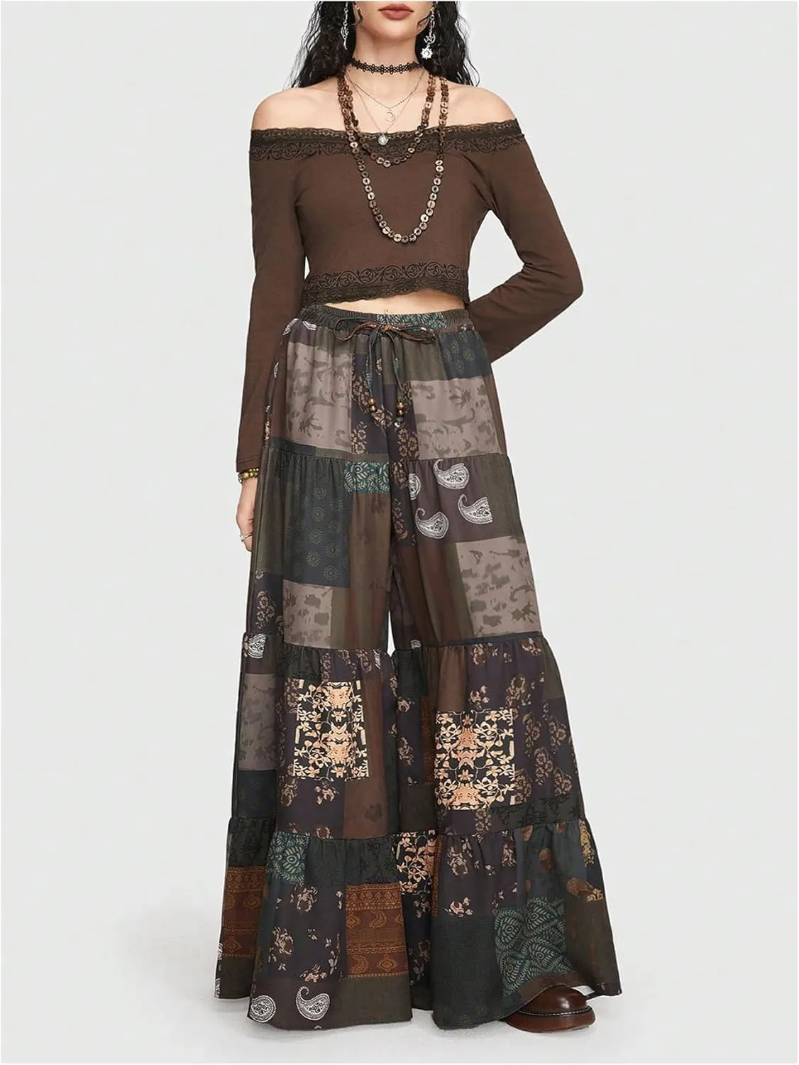 Verdusa Women's Hippie Ruffle Flowy Wide Leg Pants Elastic Waist Vintage Loose Palazzo Pants