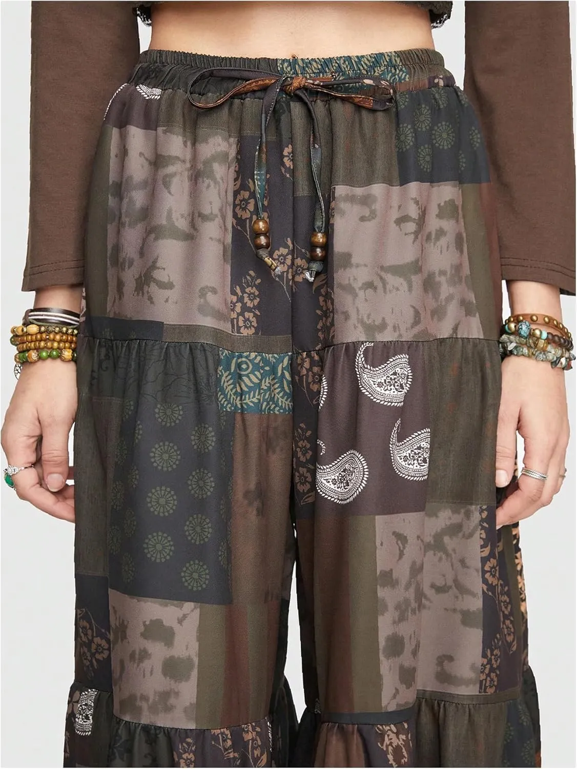 Verdusa Women's Hippie Ruffle Flowy Wide Leg Pants Elastic Waist Vintage Loose Palazzo Pants
