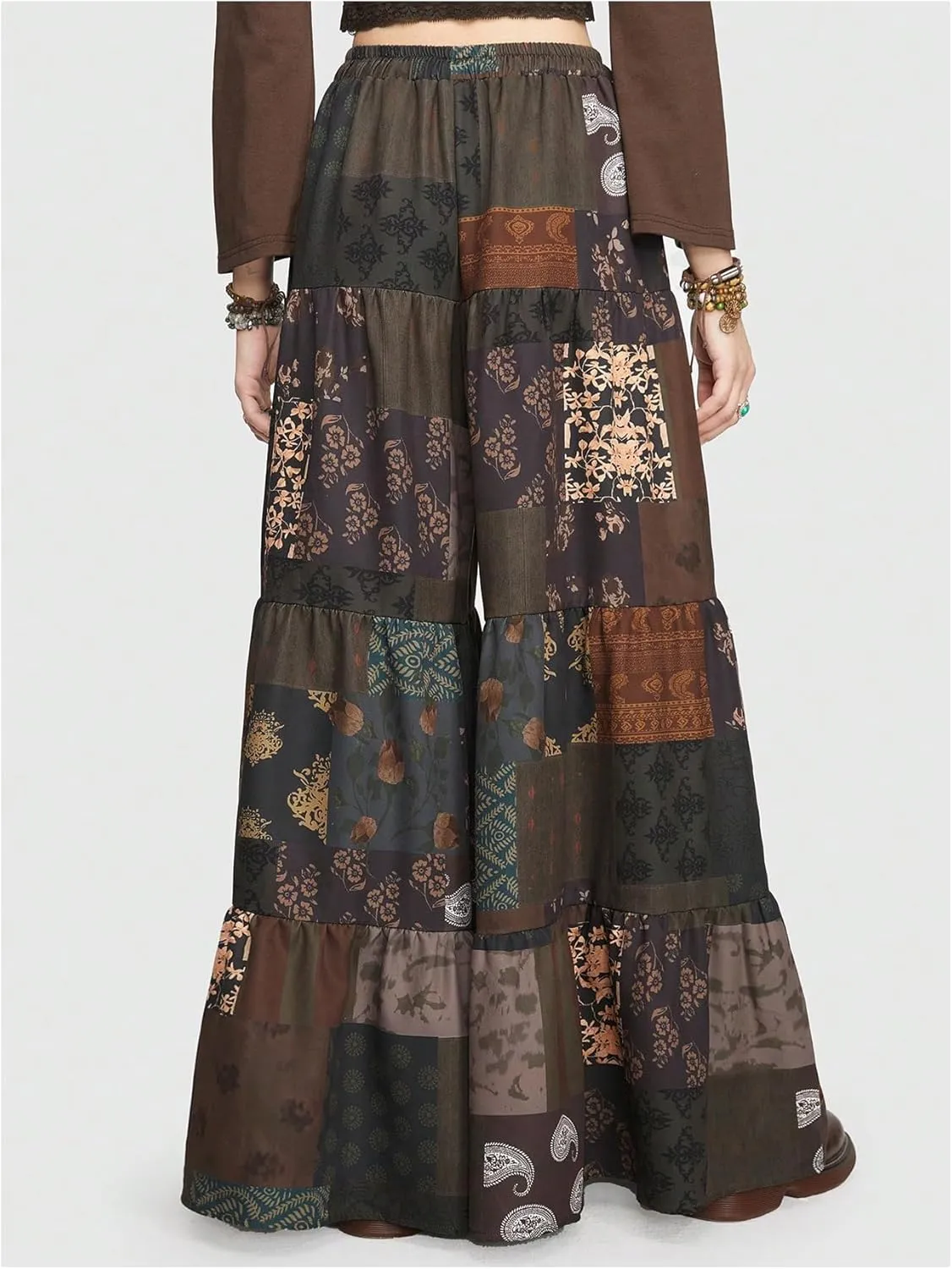Verdusa Women's Hippie Ruffle Flowy Wide Leg Pants Elastic Waist Vintage Loose Palazzo Pants