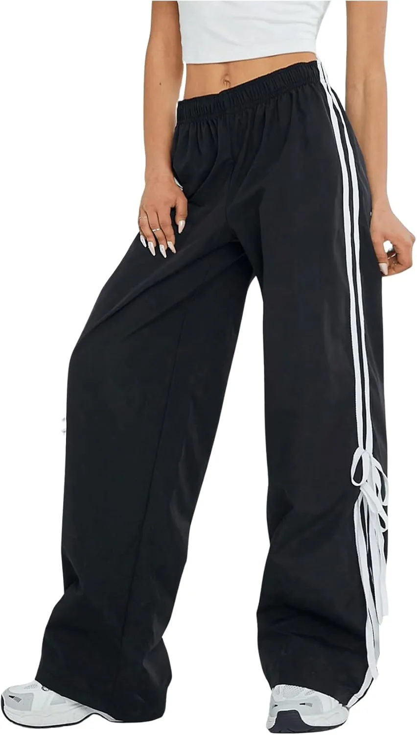 Verdusa Women's Loose Wide Leg Pants Tie Side Striped Elastic Waist Trousers