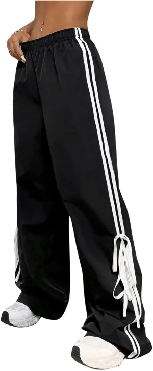 Verdusa Women's Loose Wide Leg Pants Tie Side Striped Elastic Waist Trousers