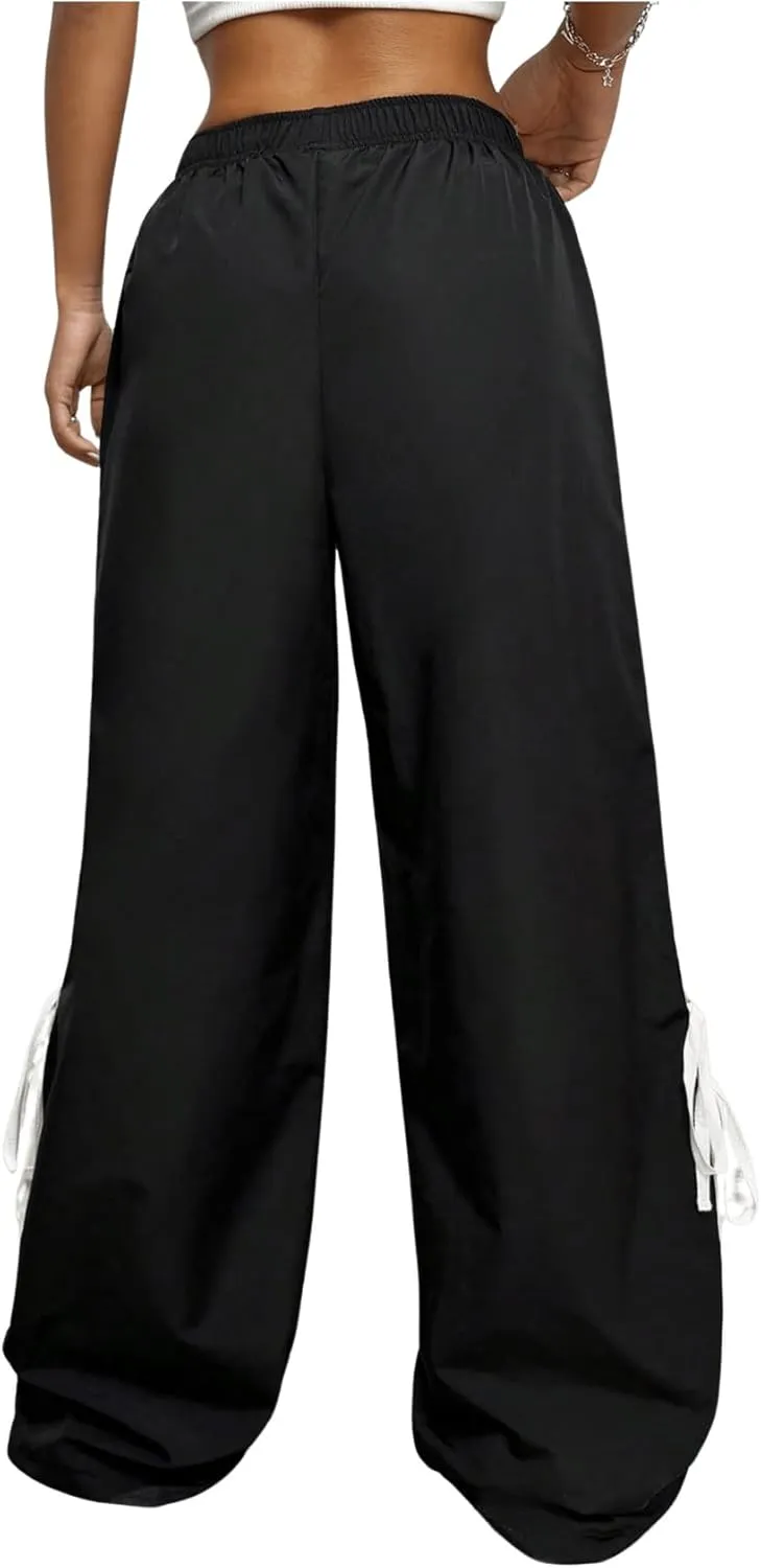 Verdusa Women's Loose Wide Leg Pants Tie Side Striped Elastic Waist Trousers
