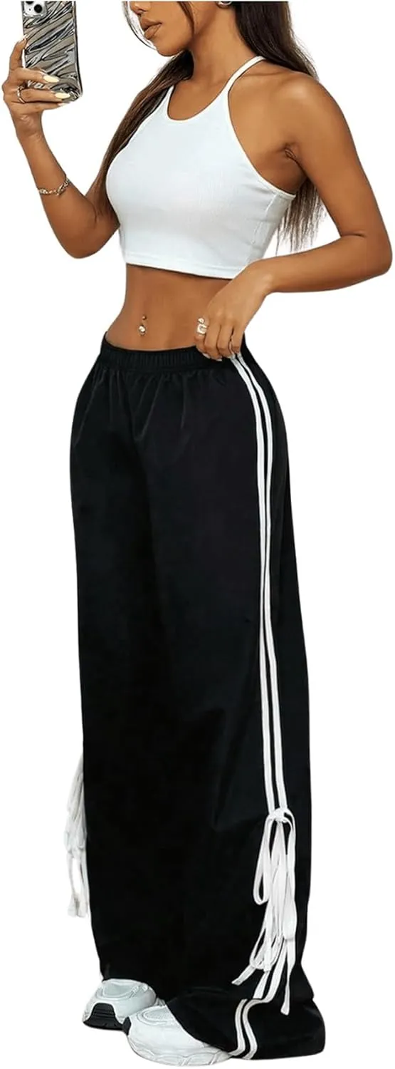 Verdusa Women's Loose Wide Leg Pants Tie Side Striped Elastic Waist Trousers
