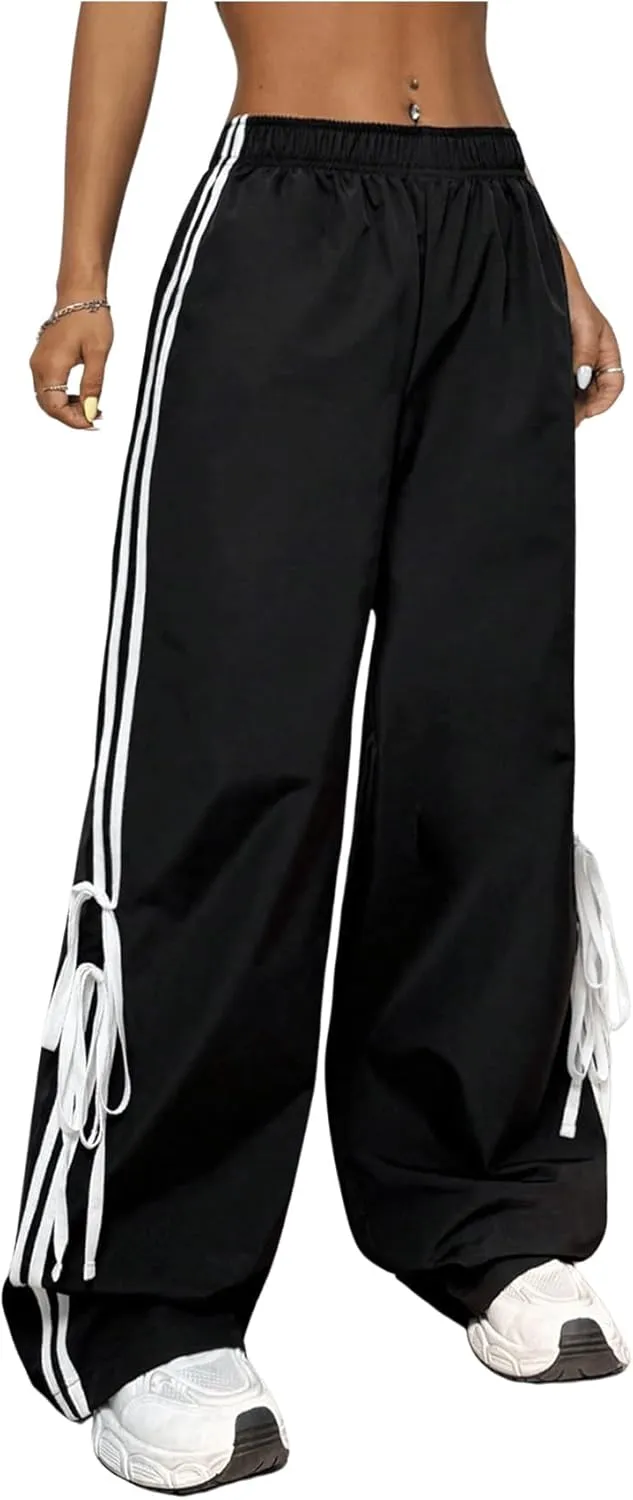 Verdusa Women's Loose Wide Leg Pants Tie Side Striped Elastic Waist Trousers