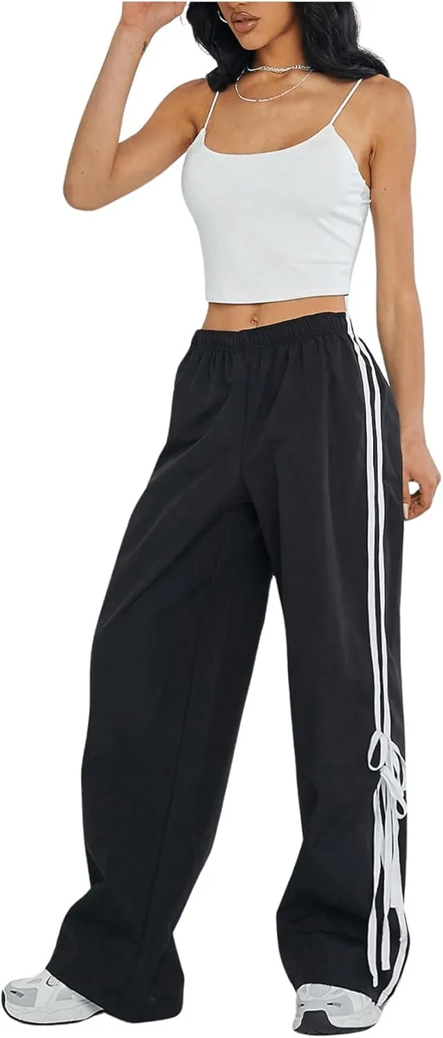Verdusa Women's Loose Wide Leg Pants Tie Side Striped Elastic Waist Trousers