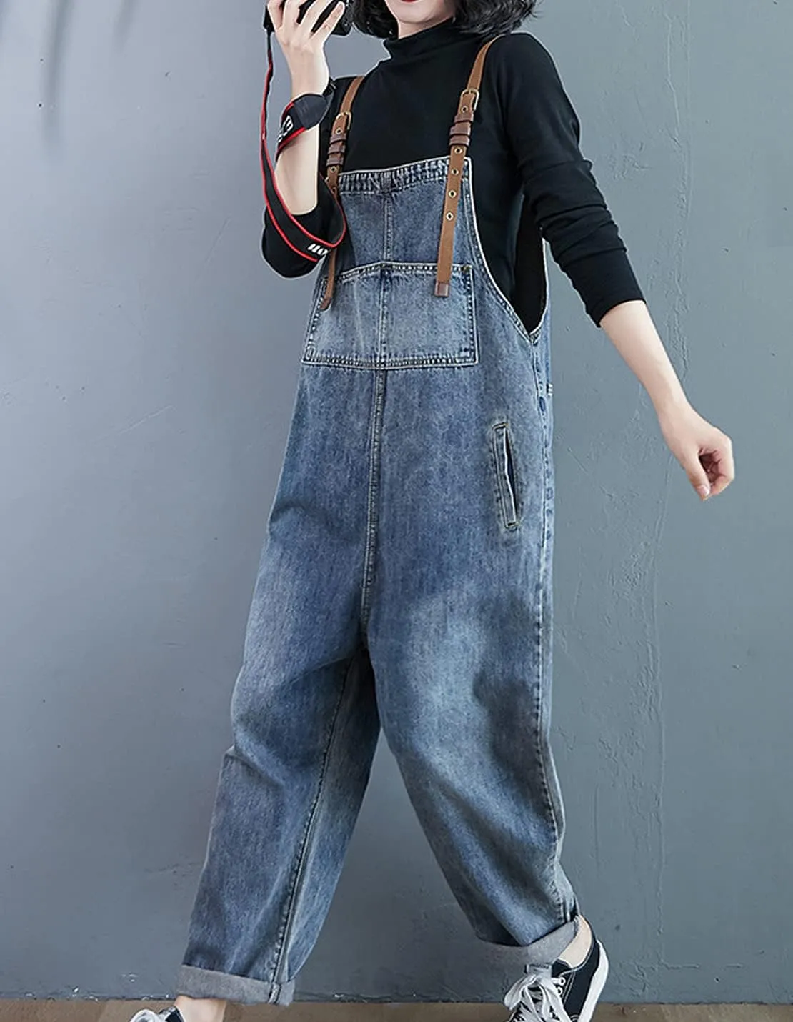 VIEWON Women's Casual Print Denim Overalls Adjustable Straps Loose Baggy Bib Jeans Jumpsuit Rompers Harem Pants
