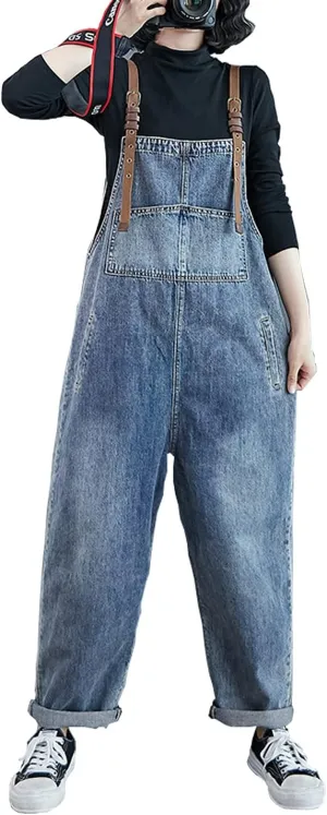 VIEWON Women's Casual Print Denim Overalls Adjustable Straps Loose Baggy Bib Jeans Jumpsuit Rompers Harem Pants