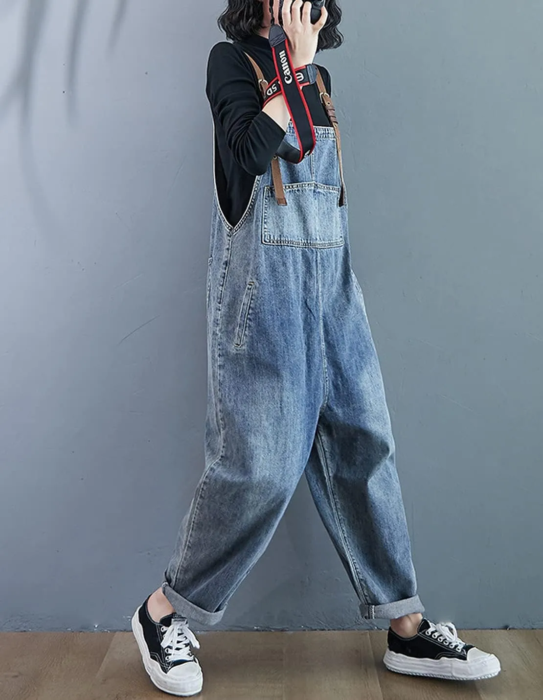 VIEWON Women's Casual Print Denim Overalls Adjustable Straps Loose Baggy Bib Jeans Jumpsuit Rompers Harem Pants