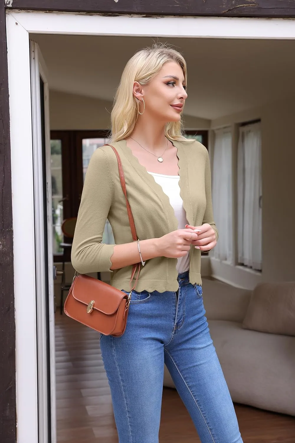VOIANLIMO Women's 3/4 Sleeve Cropped Cardigan Sweaters Knit Open Front Bolero Short Shrugs for Dresses