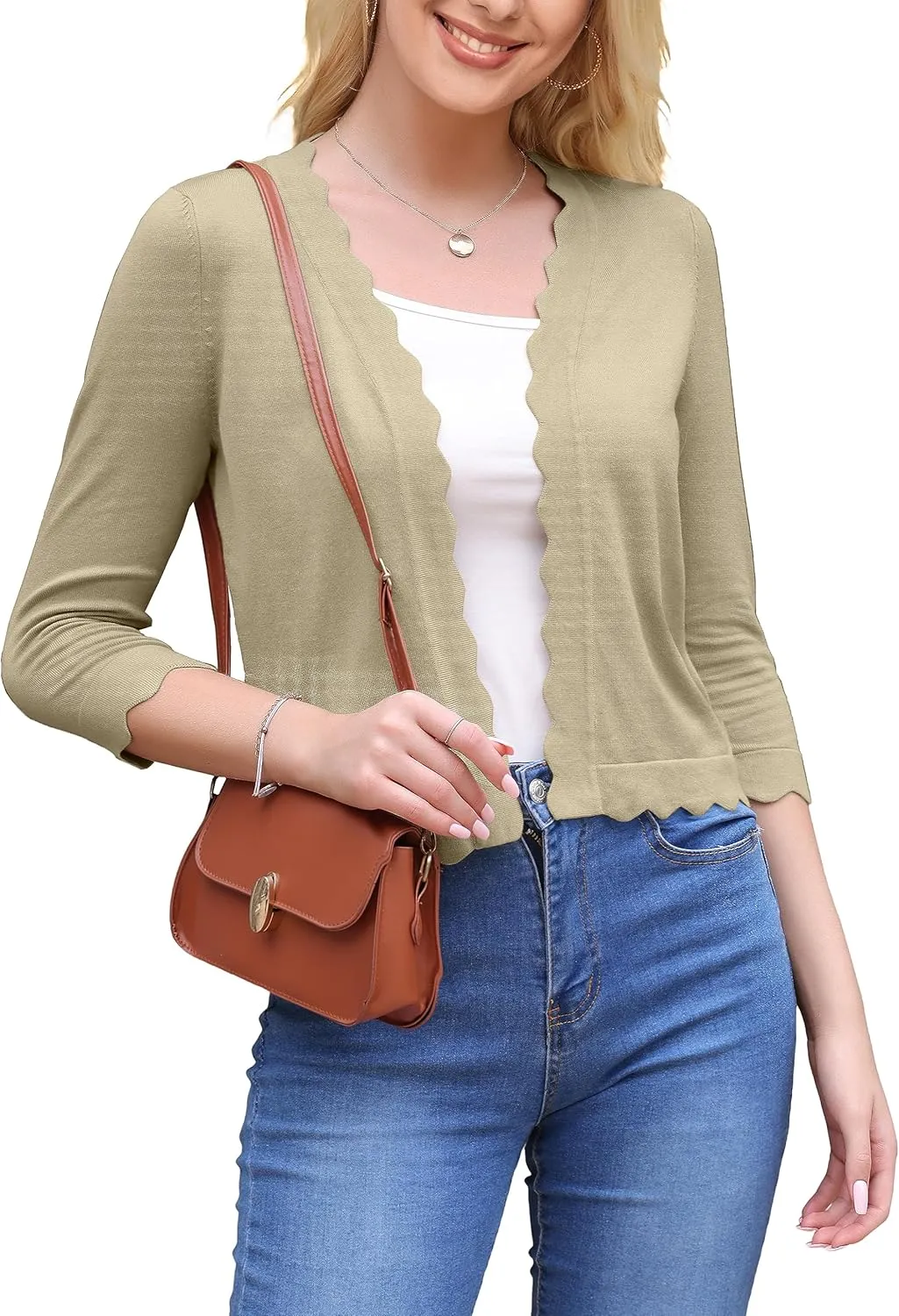 VOIANLIMO Women's 3/4 Sleeve Cropped Cardigan Sweaters Knit Open Front Bolero Short Shrugs for Dresses