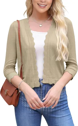 VOIANLIMO Women's 3/4 Sleeve Cropped Cardigan Sweaters Knit Open Front Bolero Short Shrugs for Dresses