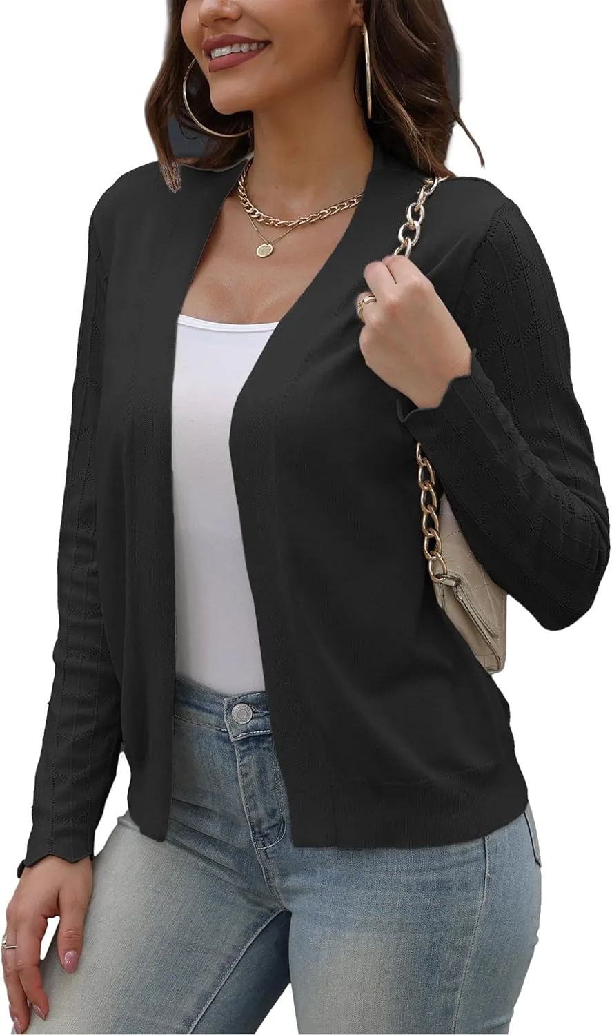 VOIANLIMO Womens Cardigan Lightweight Open Front Knit Long Sleeve Cardigans Sweaters for Women