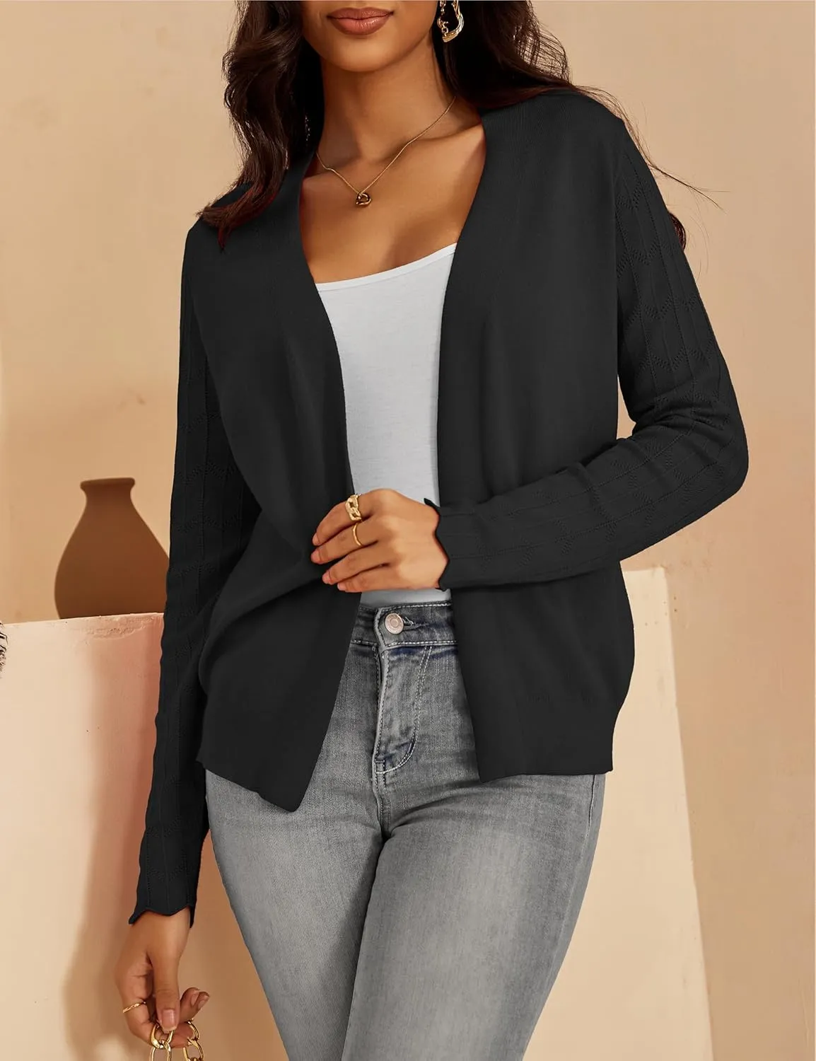 VOIANLIMO Womens Cardigan Lightweight Open Front Knit Long Sleeve Cardigans Sweaters for Women