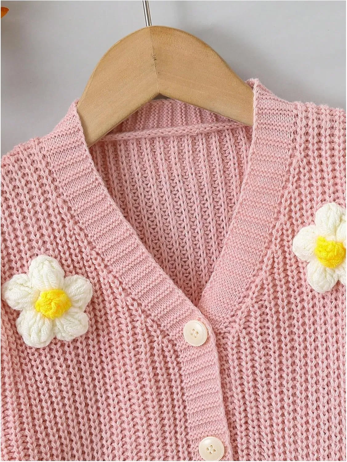 WDIRARA Girl's Cute Open Front Button Down Cardigans Long Sleeve Floral Flower Applique Knit Sweaters