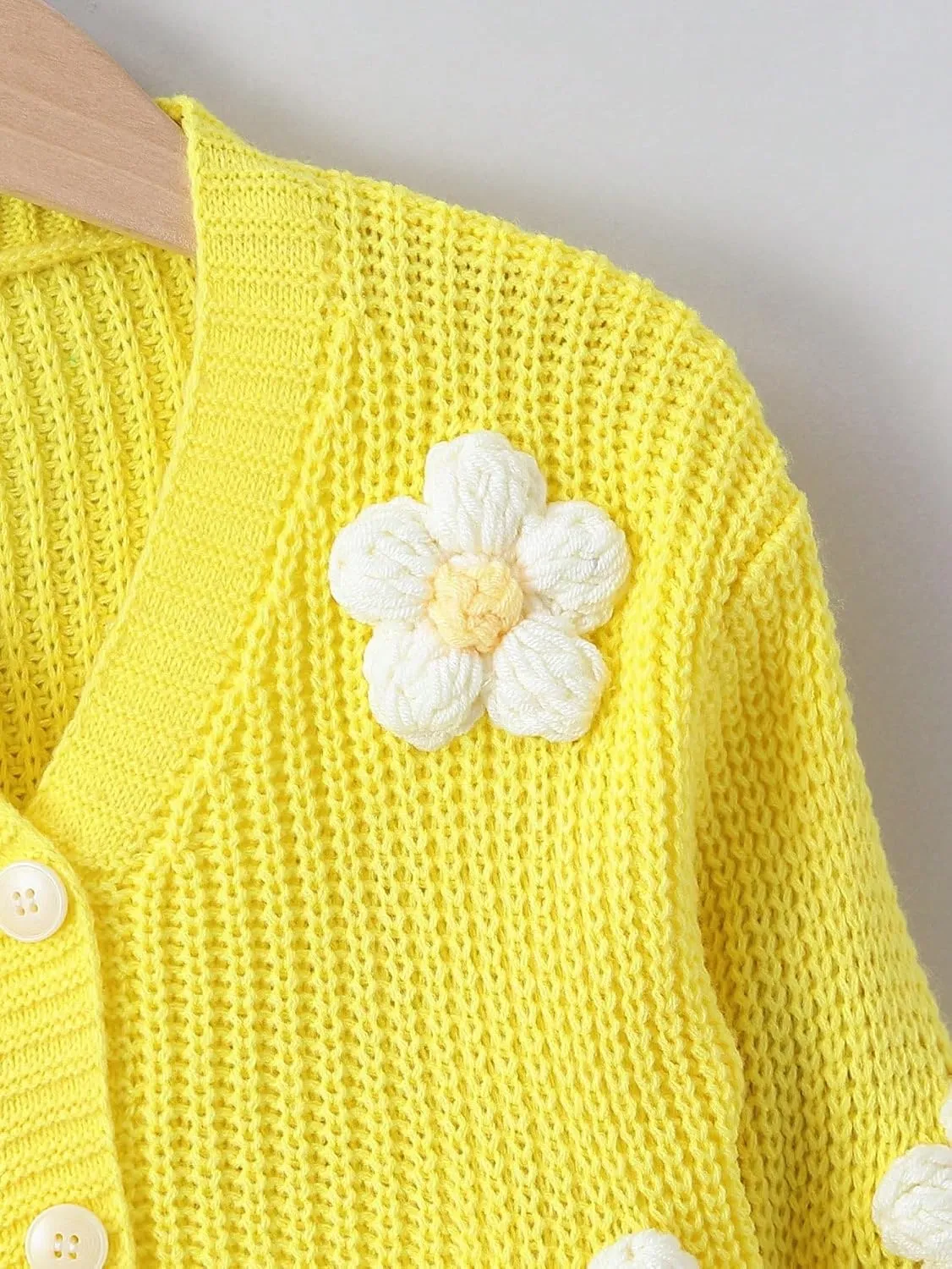 WDIRARA Girl's Cute Open Front Button Down Cardigans Long Sleeve Floral Flower Applique Knit Sweaters