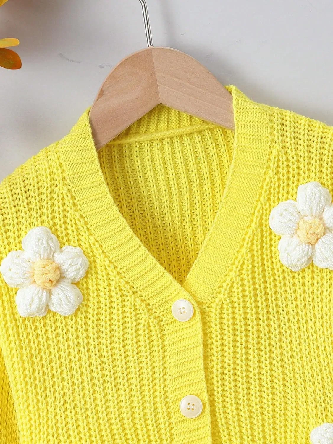 WDIRARA Girl's Cute Open Front Button Down Cardigans Long Sleeve Floral Flower Applique Knit Sweaters