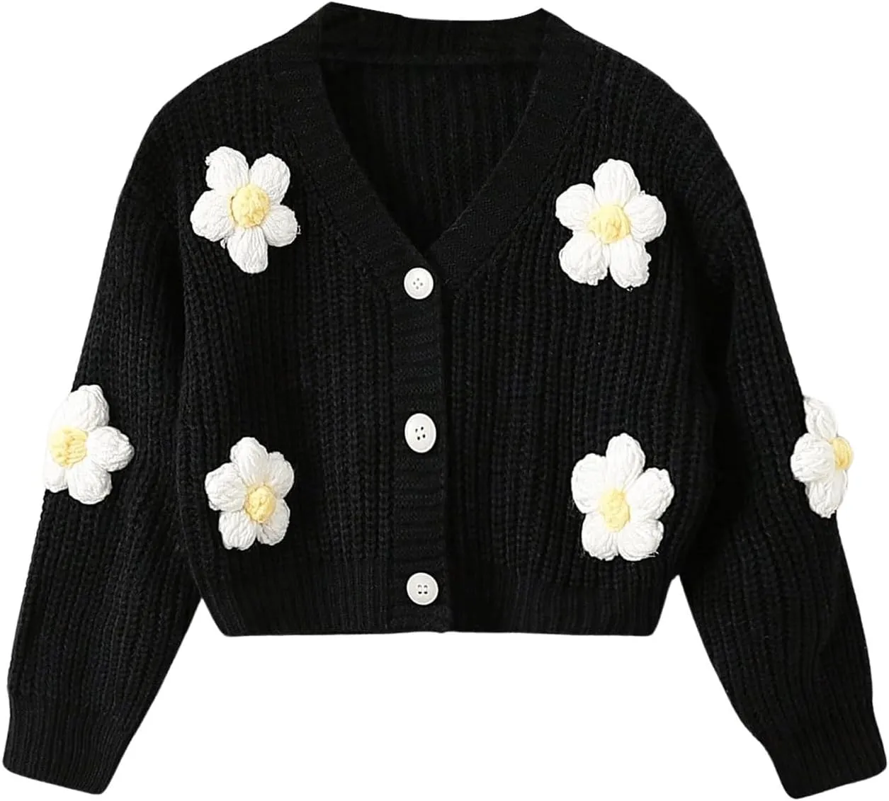 WDIRARA Girl's Cute Open Front Button Down Cardigans Long Sleeve Floral Flower Applique Knit Sweaters