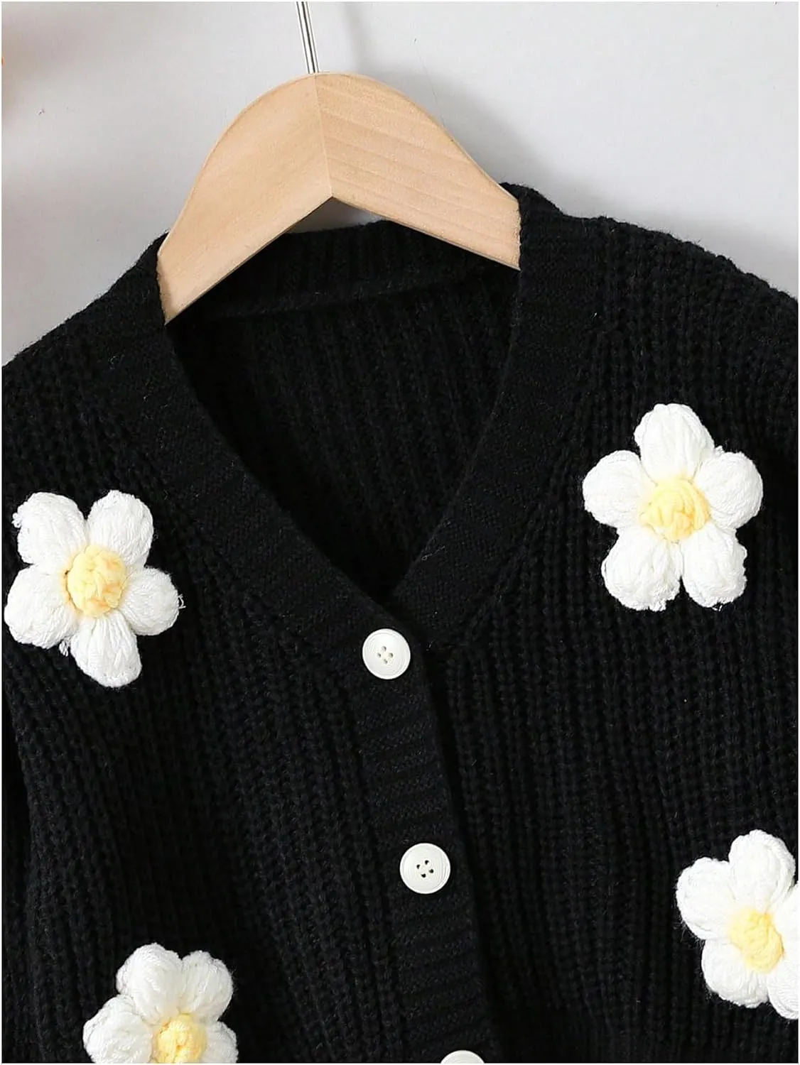 WDIRARA Girl's Cute Open Front Button Down Cardigans Long Sleeve Floral Flower Applique Knit Sweaters
