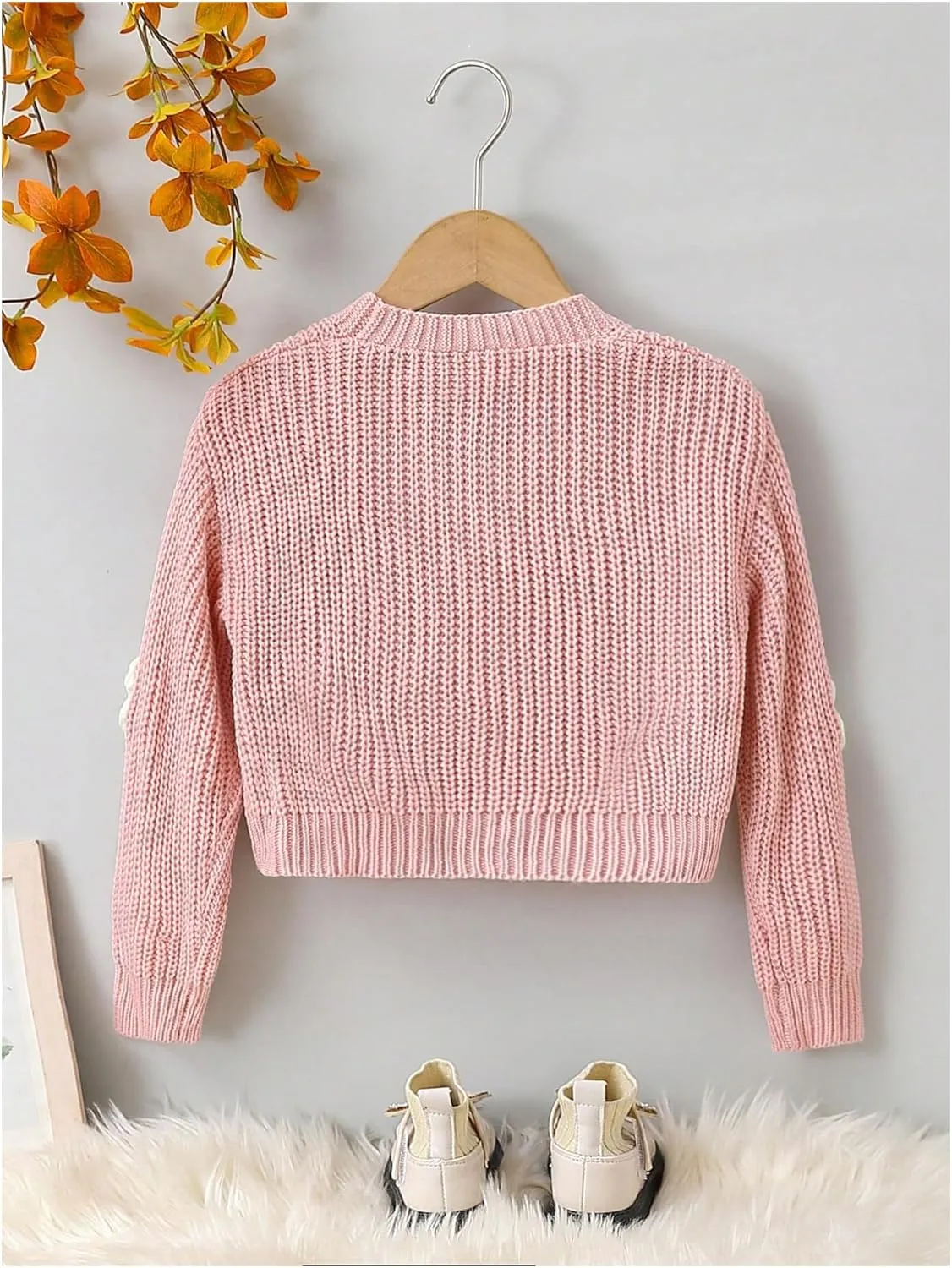 WDIRARA Girl's Cute Open Front Button Down Cardigans Long Sleeve Floral Flower Applique Knit Sweaters