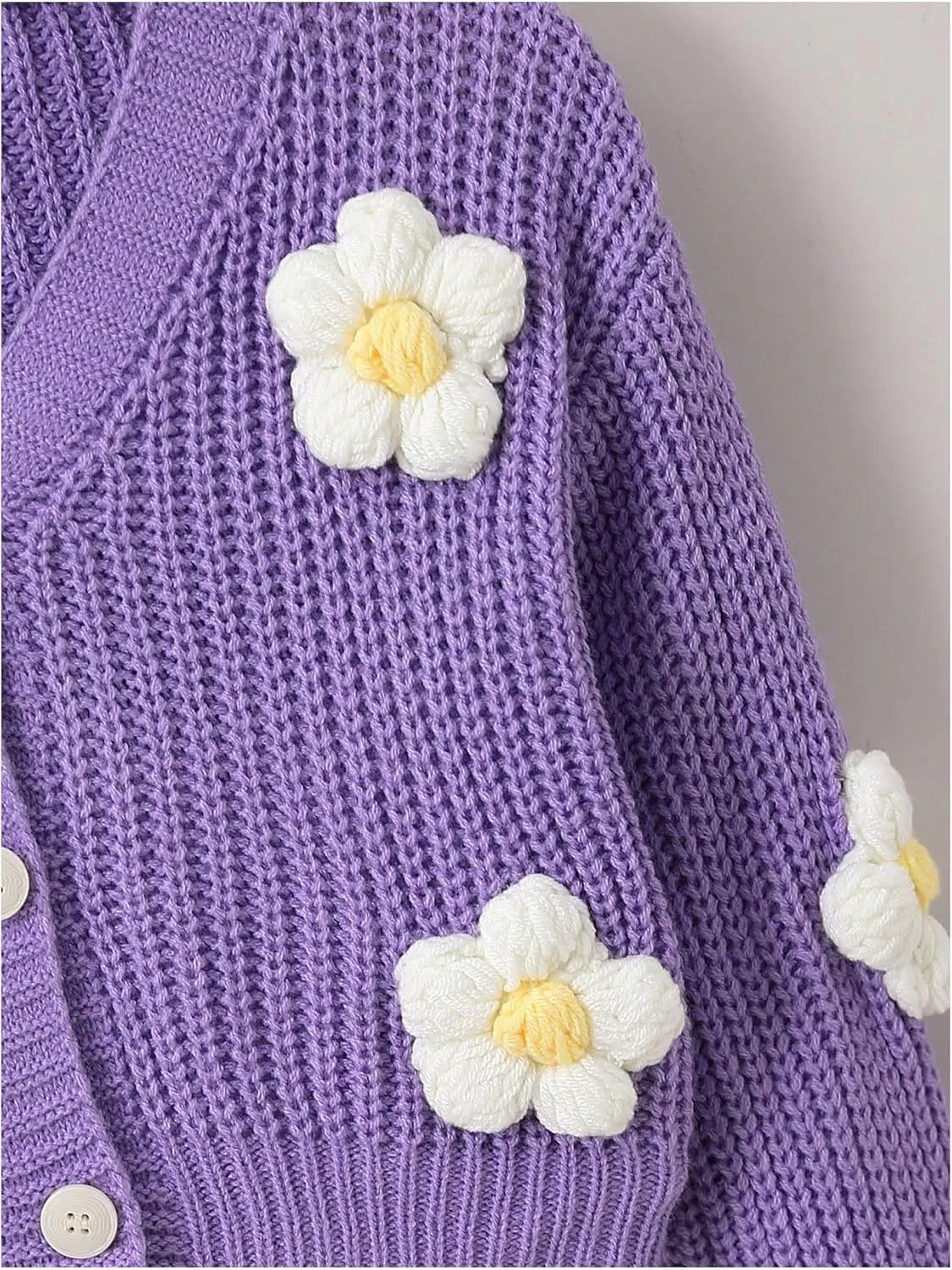 WDIRARA Girl's Cute Open Front Button Down Cardigans Long Sleeve Floral Flower Applique Knit Sweaters