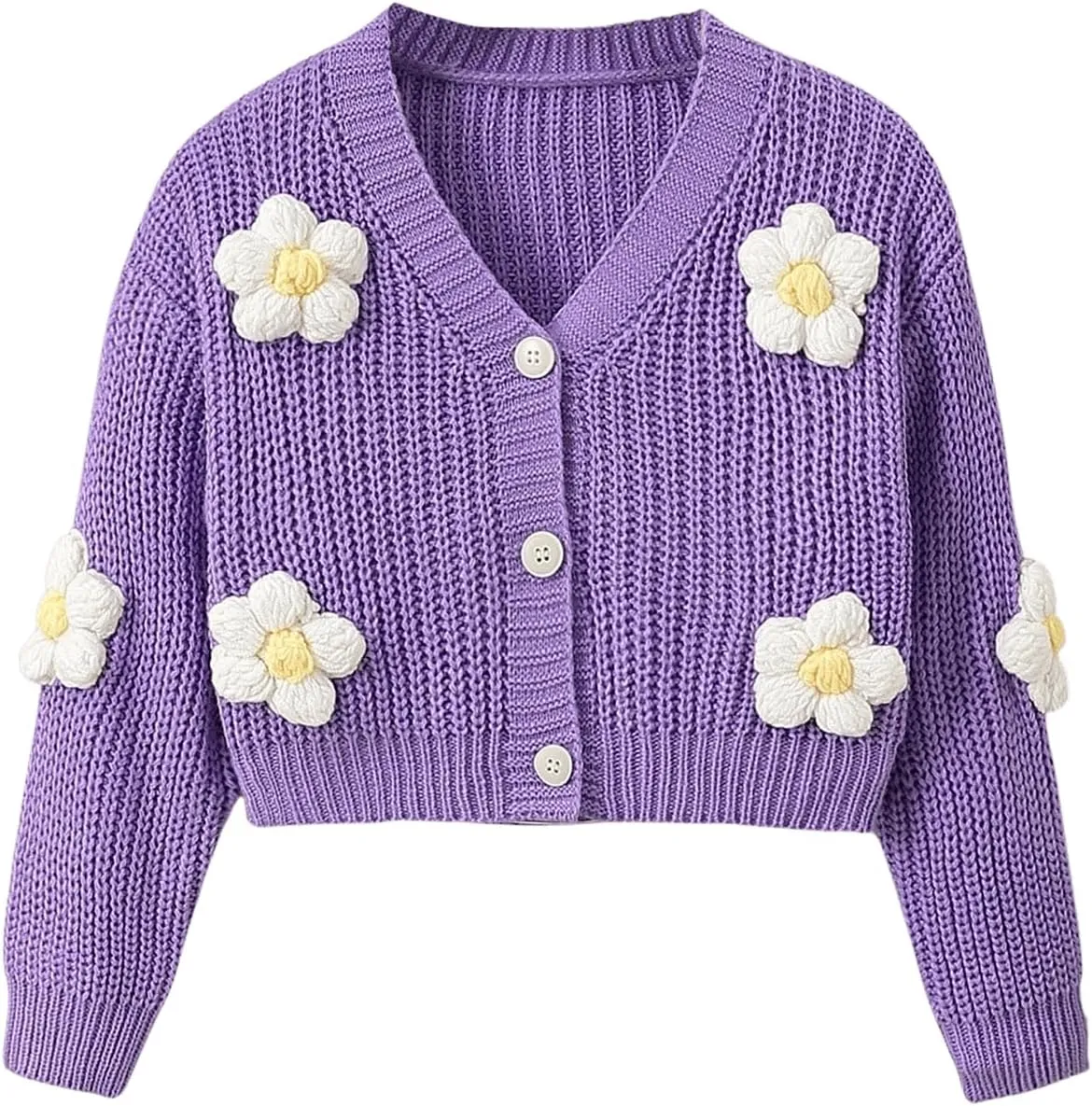 WDIRARA Girl's Cute Open Front Button Down Cardigans Long Sleeve Floral Flower Applique Knit Sweaters