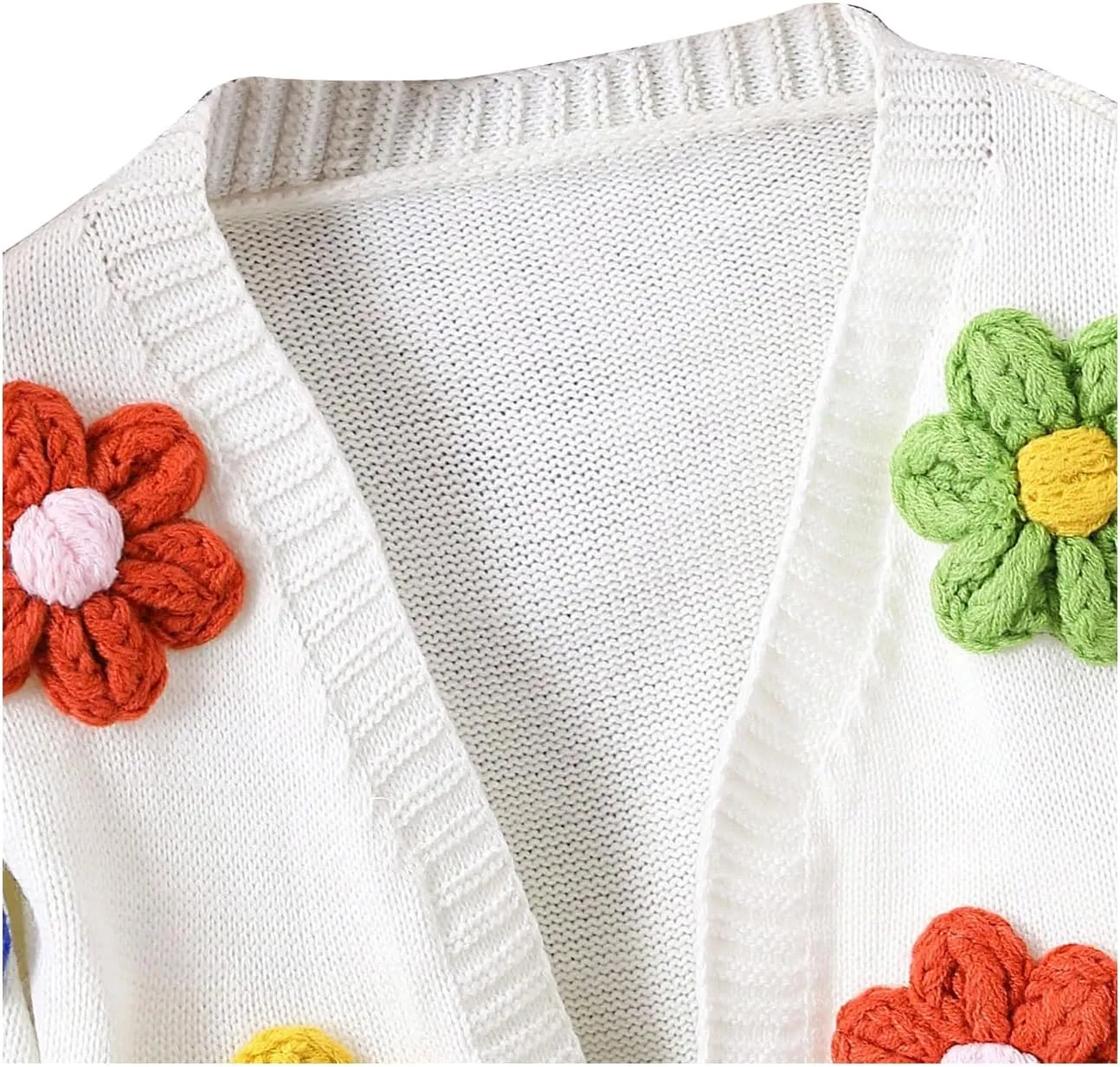 WDIRARA Girl's Cute Open Front Button Down Cardigans Long Sleeve Floral Flower Applique Knit Sweaters
