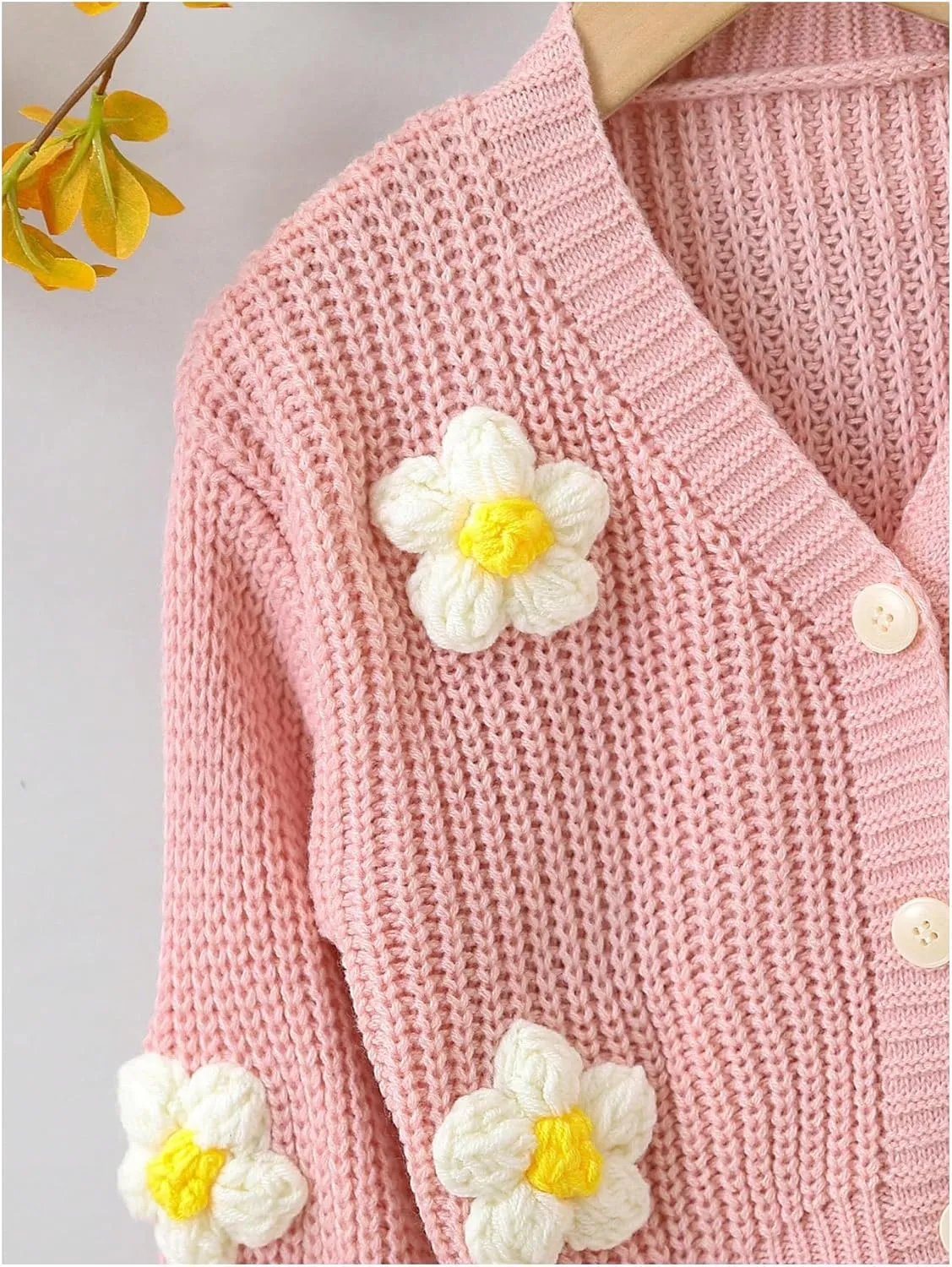 WDIRARA Girl's Cute Open Front Button Down Cardigans Long Sleeve Floral Flower Applique Knit Sweaters