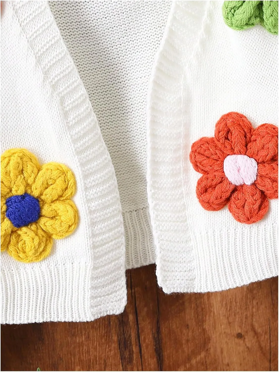 WDIRARA Girl's Cute Open Front Button Down Cardigans Long Sleeve Floral Flower Applique Knit Sweaters