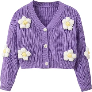 WDIRARA Girl's Cute Open Front Button Down Cardigans Long Sleeve Floral Flower Applique Knit Sweaters