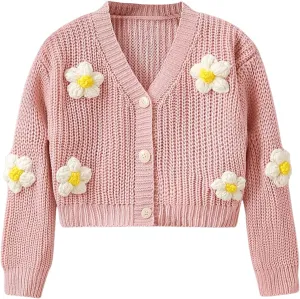 WDIRARA Girl's Cute Open Front Button Down Cardigans Long Sleeve Floral Flower Applique Knit Sweaters