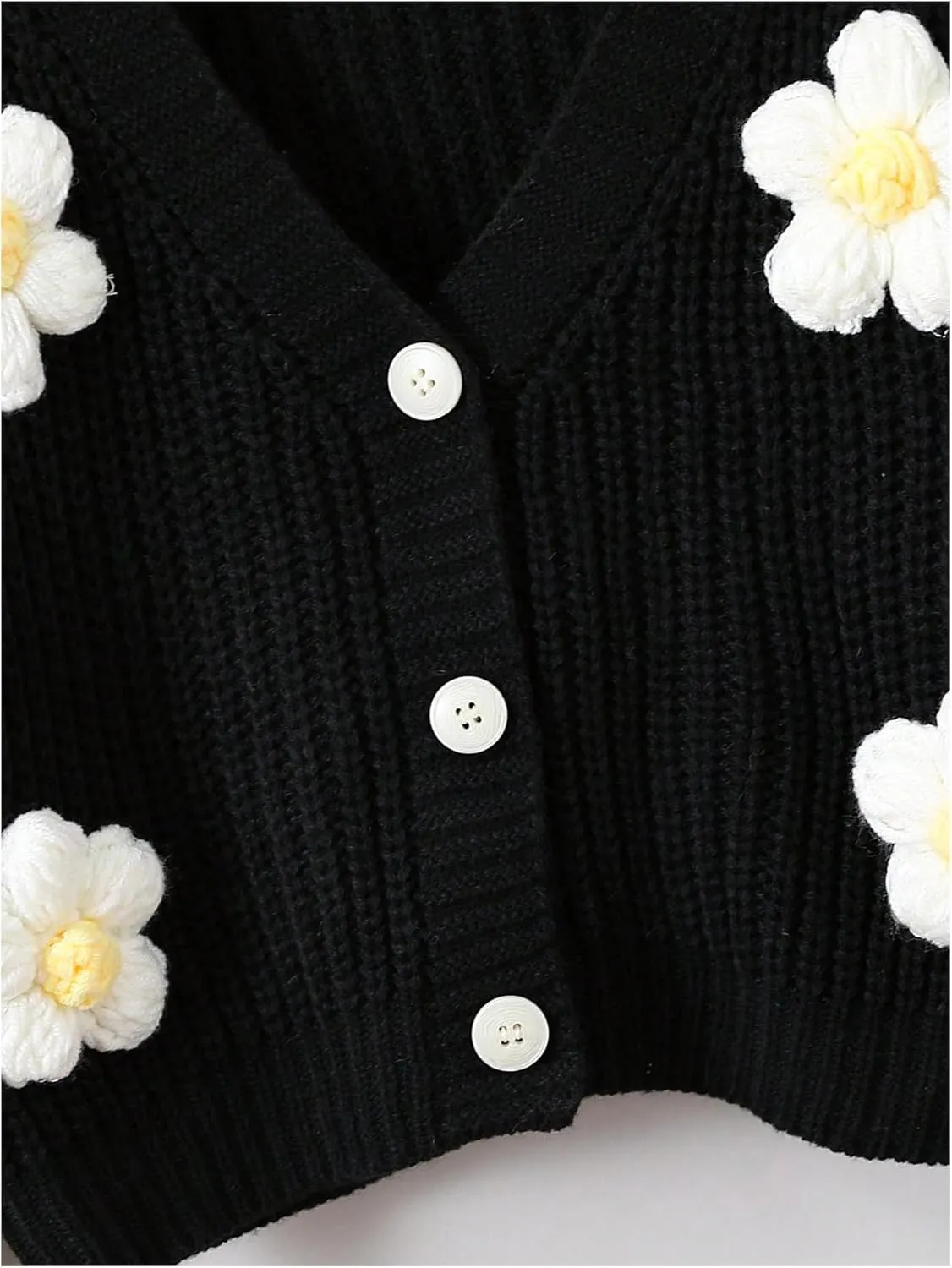 WDIRARA Girl's Cute Open Front Button Down Cardigans Long Sleeve Floral Flower Applique Knit Sweaters