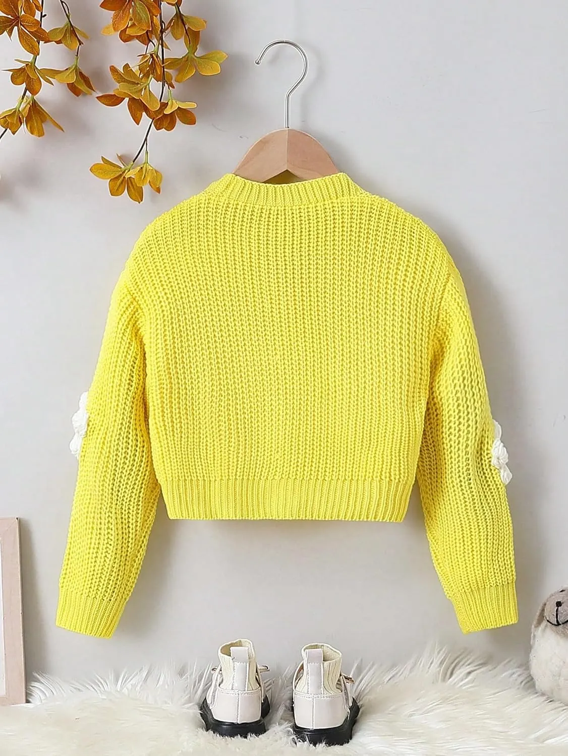 WDIRARA Girl's Cute Open Front Button Down Cardigans Long Sleeve Floral Flower Applique Knit Sweaters