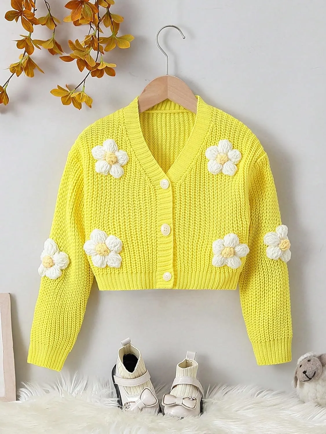 WDIRARA Girl's Cute Open Front Button Down Cardigans Long Sleeve Floral Flower Applique Knit Sweaters