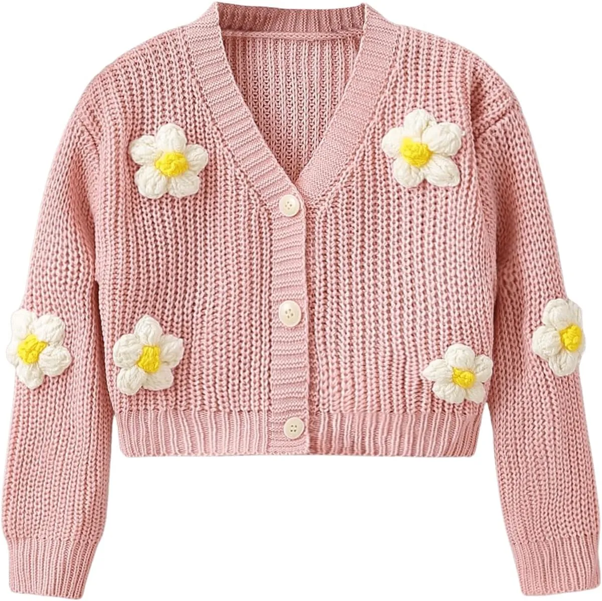 WDIRARA Girl's Cute Open Front Button Down Cardigans Long Sleeve Floral Flower Applique Knit Sweaters