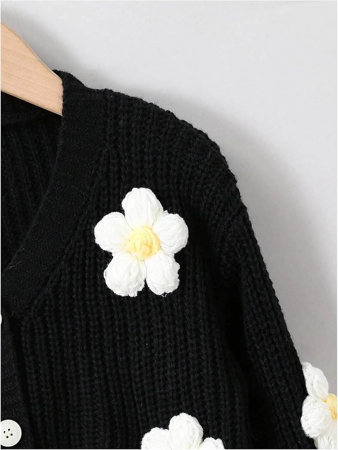 WDIRARA Girl's Cute Open Front Button Down Cardigans Long Sleeve Floral Flower Applique Knit Sweaters