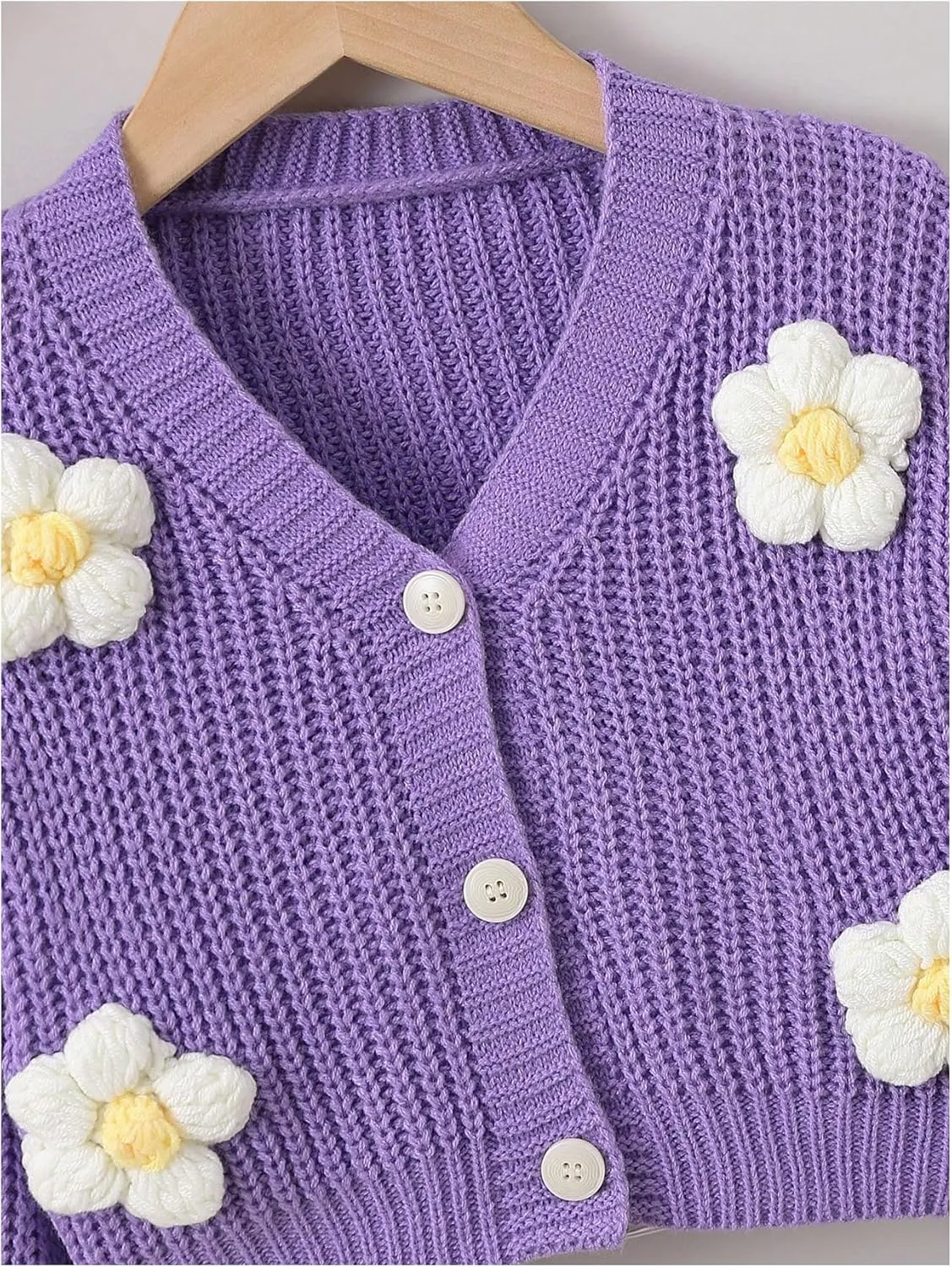 WDIRARA Girl's Cute Open Front Button Down Cardigans Long Sleeve Floral Flower Applique Knit Sweaters