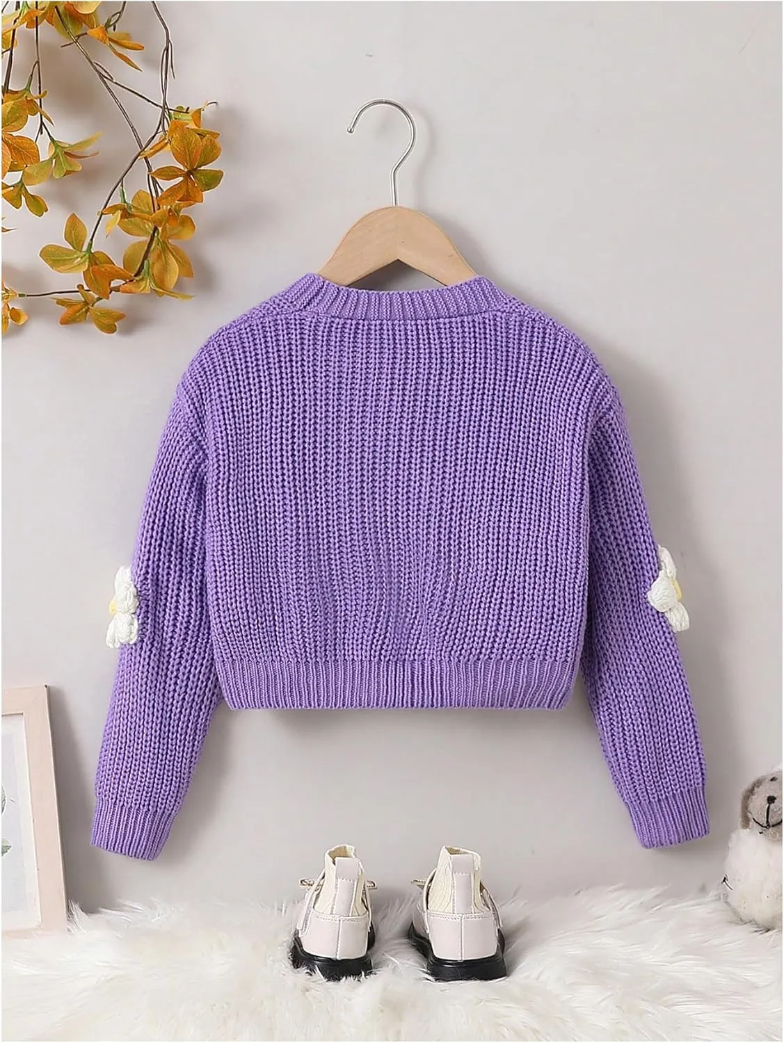 WDIRARA Girl's Cute Open Front Button Down Cardigans Long Sleeve Floral Flower Applique Knit Sweaters
