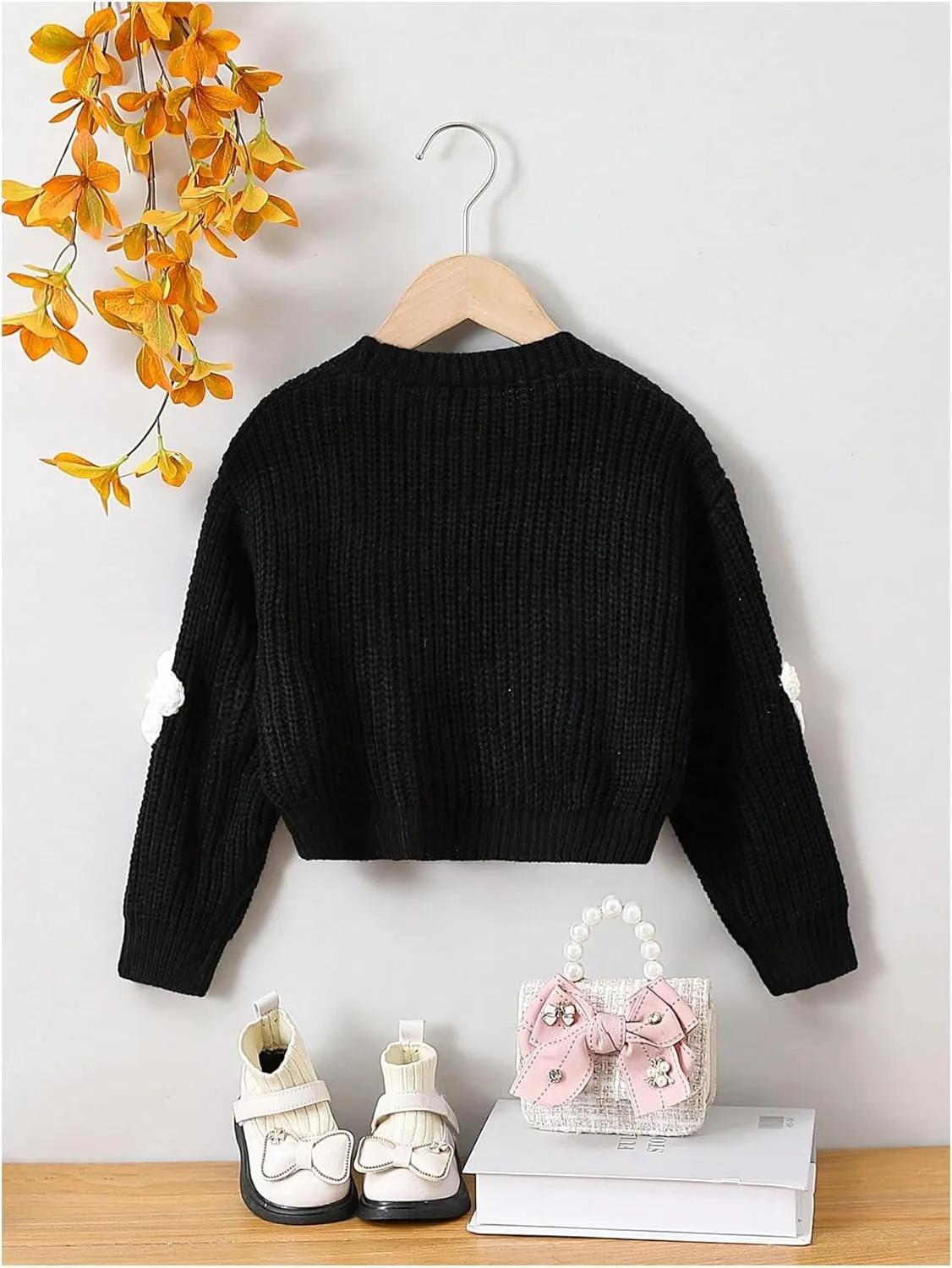 WDIRARA Girl's Cute Open Front Button Down Cardigans Long Sleeve Floral Flower Applique Knit Sweaters