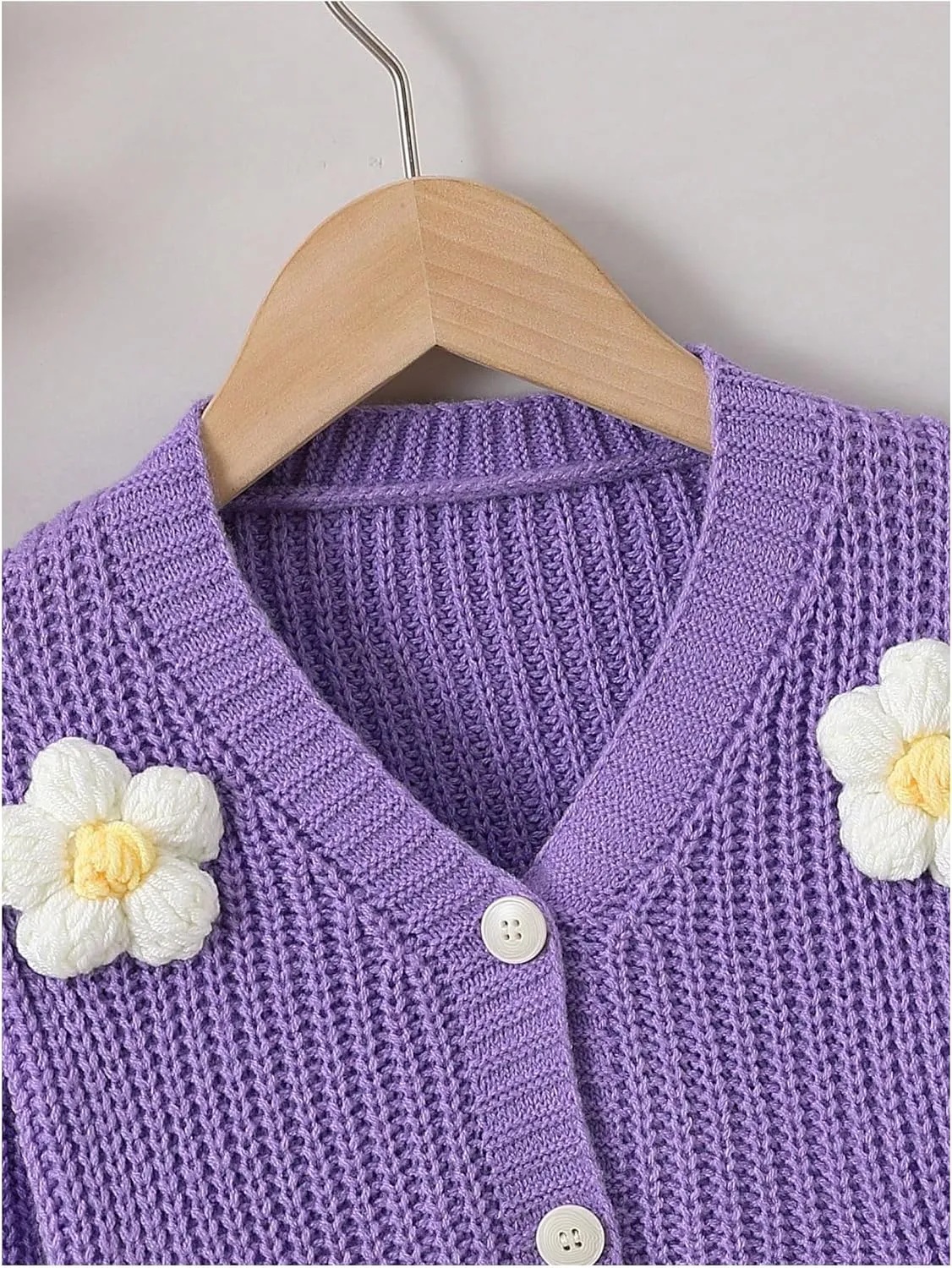 WDIRARA Girl's Cute Open Front Button Down Cardigans Long Sleeve Floral Flower Applique Knit Sweaters