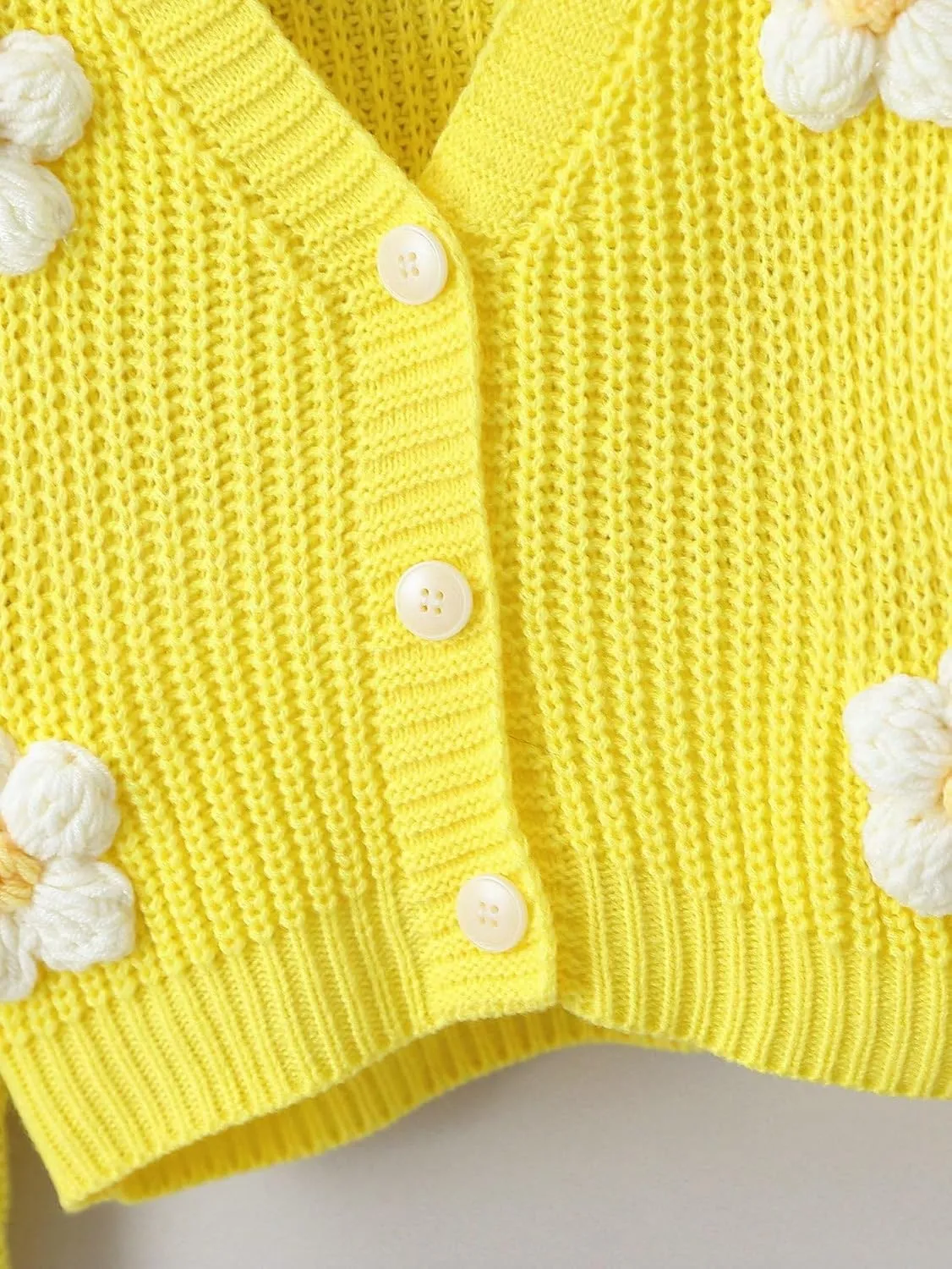 WDIRARA Girl's Cute Open Front Button Down Cardigans Long Sleeve Floral Flower Applique Knit Sweaters