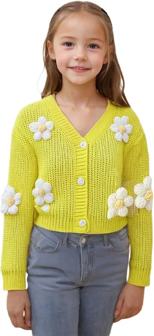 WDIRARA Girl's Cute Open Front Button Down Cardigans Long Sleeve Floral Flower Applique Knit Sweaters