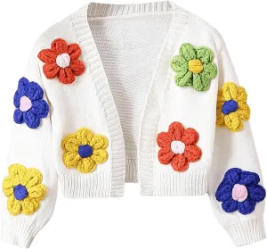 WDIRARA Girl's Cute Open Front Button Down Cardigans Long Sleeve Floral Flower Applique Knit Sweaters