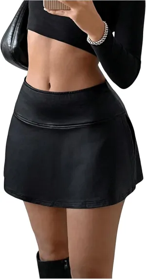 WDIRARA Women's Elastic Waist Split Side PU Leather Skorts Low Rise Skirt Shorts