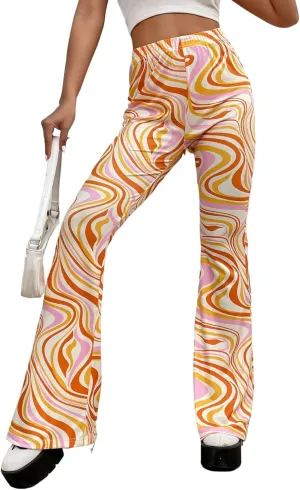 WDIRARA Women's Marble Printed Flare Pants High Waisted Elastic Waist Casual 70s Disco Long Pants